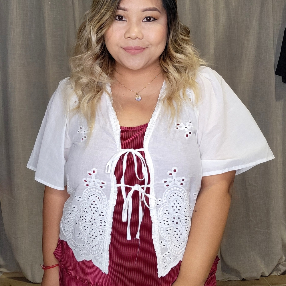 White Flutter Sleeve Tie Front Blouse
